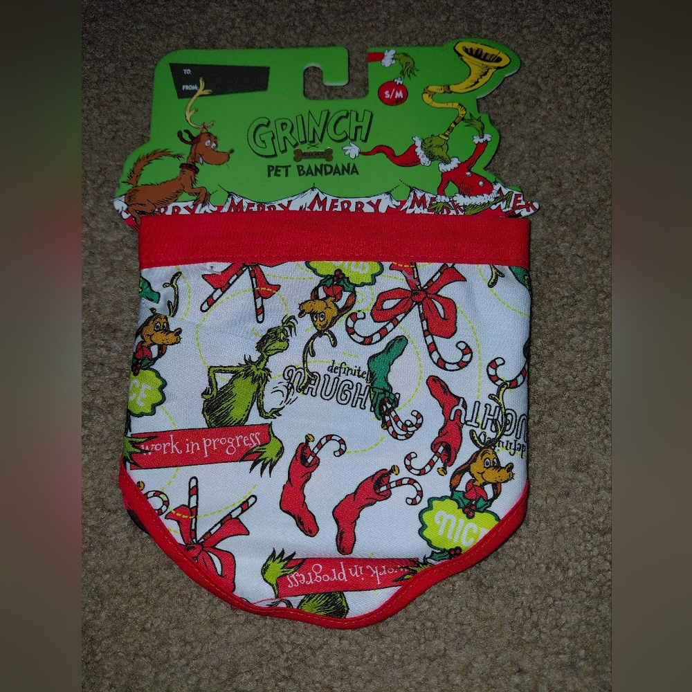Grinch Pet Bandana with Red and White Design Size S/M